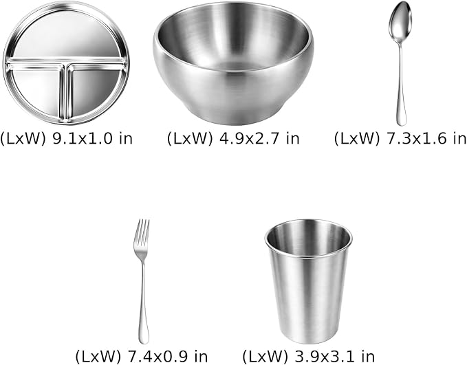 20PCS Stainless Steel Plates and Bowls Sets, Includes 4Set 3 Compartment Plates, Rice Bowls, Cups, Forks, Spoons, 304 Reusable Camping Mess Kits for Home Kitchen, Dorm and Outdoor Picnic (Silver-B)