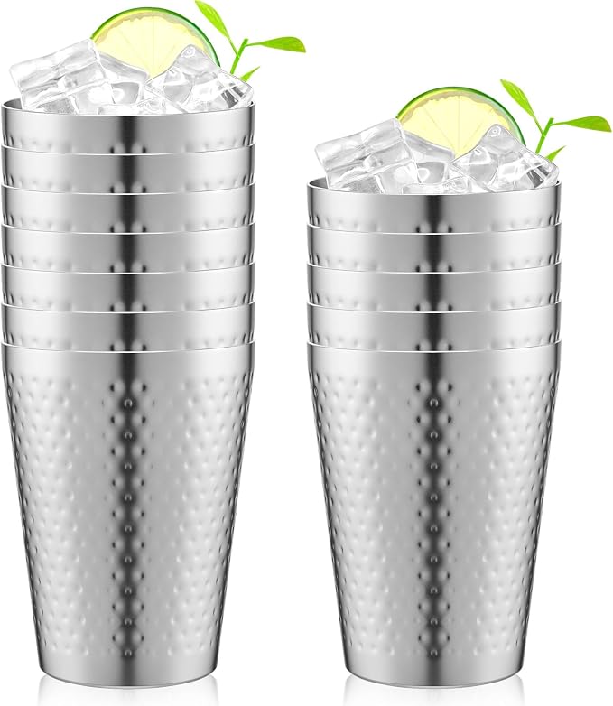 Tanlade 12 Pcs Aluminum Cups Bulk, 14 oz Copper Color Water Tumblers, Metal Cups for Drinking, Hammered Surfaces Mirror Finish Stackable Cold Glasses for Red or White Wine Iced Coffee (Silver)