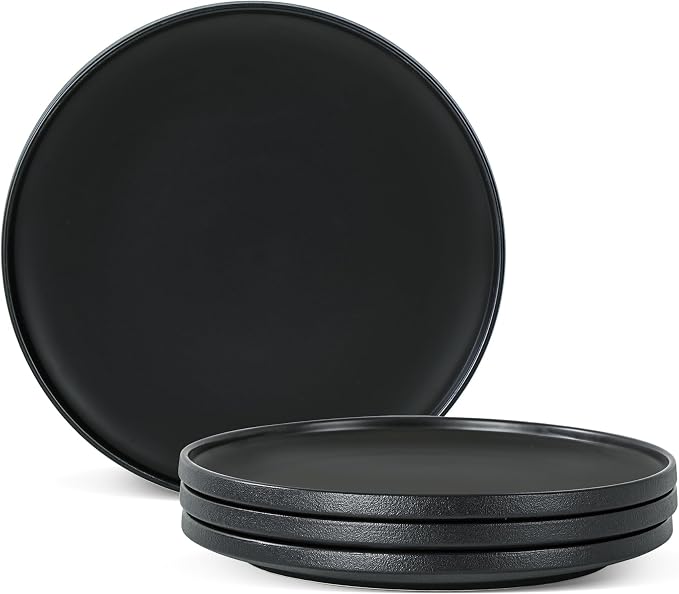 Ceramic Dinner Plates, 10.25 Inch, Set for 4, Modern Black | Flat Dish Design, Microwave & Dishwasher Safe, Perfect for Family and Entertaining, For Steak, Sandwiches, Pizza, Pasta