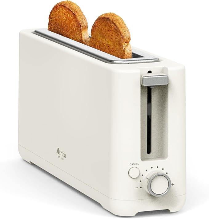 Martha Stewart 2 Slice Long Slot Toaster, Extra Wide for Sourdough & Bagels, 10 Setting Shade Control, Removable Crumb Tray, Self-Centering Design, Defrost/Reheat, Cancel, Slim Space-Saving, Linen