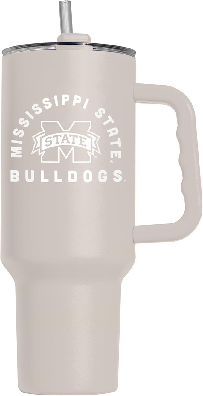 Logo Brands NCAA Mississippi State Bulldogs Sand 40 oz Tumbler with Handle - Stylish Everyday Use Powder Coated-Stainless Steel with Straw- Keeps Cold For Hours