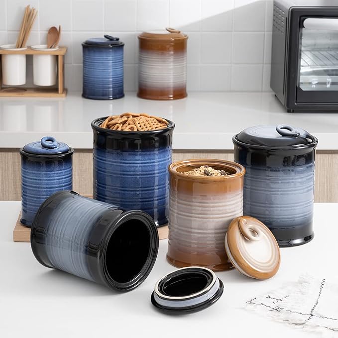 Nihow Food Storage Jar,Ceramic Canister Sets for The Kitchen,Set of 4,Brown | Air Tight Lid,Seal Damp-proof,For Flour/Sugar/Rice/Coffee/Cookies/Candy,Kitchen Counter