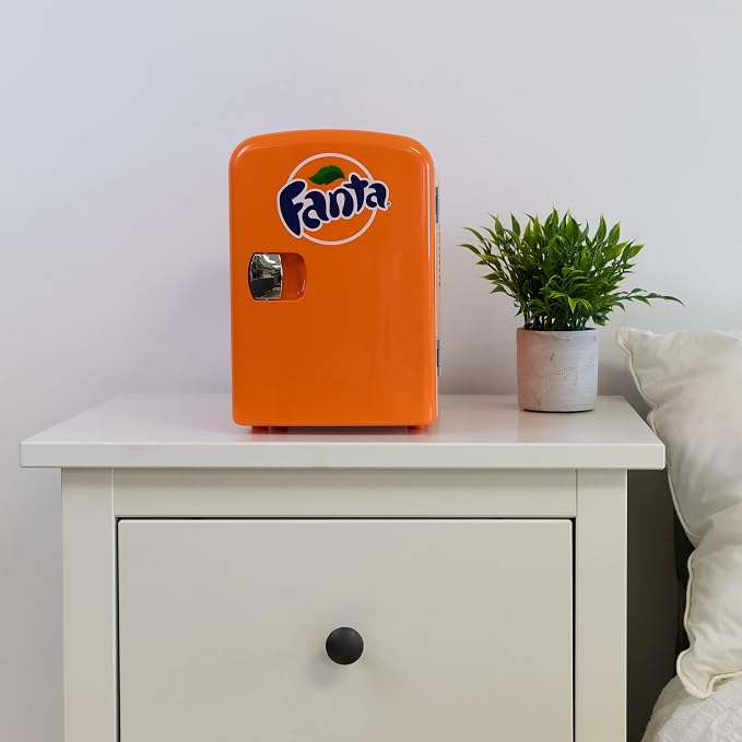 Fanta Mini Fridge - 6 Can Refrigerator for Bedroom Office, Portable Table Top Beverage Cooler, 12V 110V Refrigerador For Drinks, Soda, Wines, Use In Car, Dorm, Outdoor, Patio