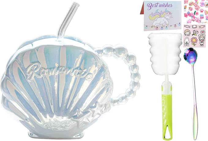 Pearl Shell Ceramic Coffee Mug for Tea Latte Milk Cute Cup for Home Office Women Gift 6.5 oz (Shell with Straw Blue, 450 ml)