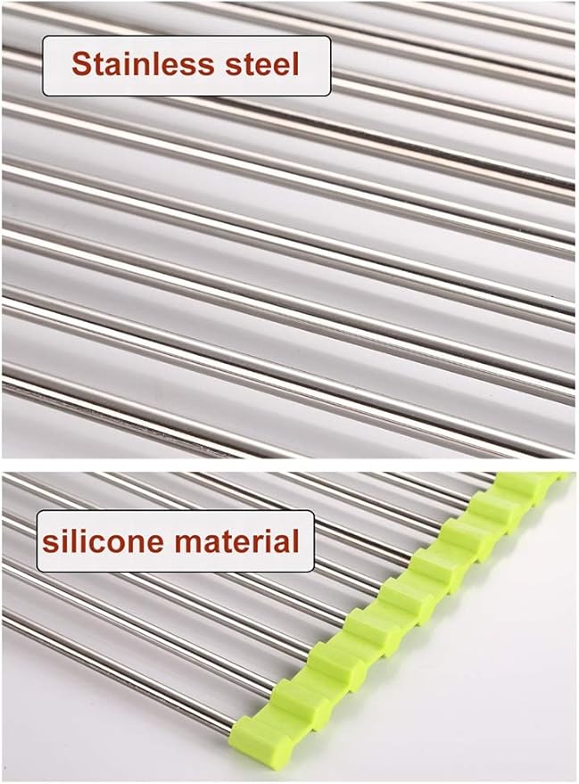 Rollable Dish Drying Rack Roll Up Foldable Dish Racks，Multipurpose Anti-Corrosion 304 Stainless Steel Over Sink Kitchen Sink Drainer Rack for Cups Fruits Vegetables(Yellow,47 * 23cm)