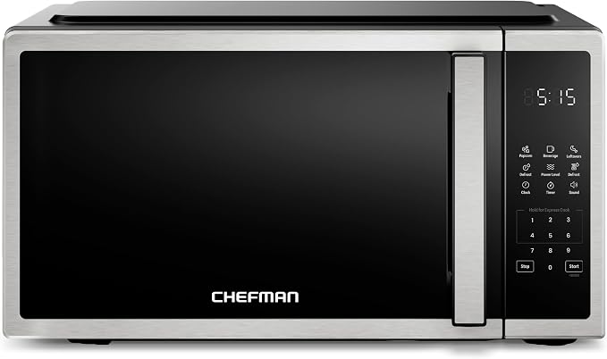 Chefman Compact Countertop Microwave Oven 0.7 Cu. Ft., 700W with 10 Power Levels, 3 Cooking Presets with One-Touch Express Cook, 2 Defrost Settings, Child Safety Lock, & Mute Button – Stainless Steel