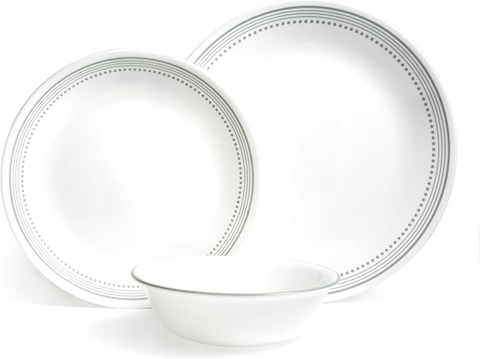 Corelle Dinnerware Set (12pc Set, Mystic Grey)-Dinner Set for 4 Includes 4 x Dinner Plates, Side Plates & Bowls 3 X More Durable, Half The Space & Weight of Ceramic up to 80% Recycled Glass, 1146820