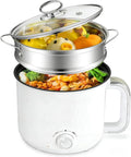1.6L Electric Ramen Cooker Multicooker: Non-Stick Hot Pot for Instant Noodles Pasta Oatmeal Stews Soup Shabu-Shabu and Egg Dorm Cooking Includes Steamer Basket & Glass Lid Power Adjustment White