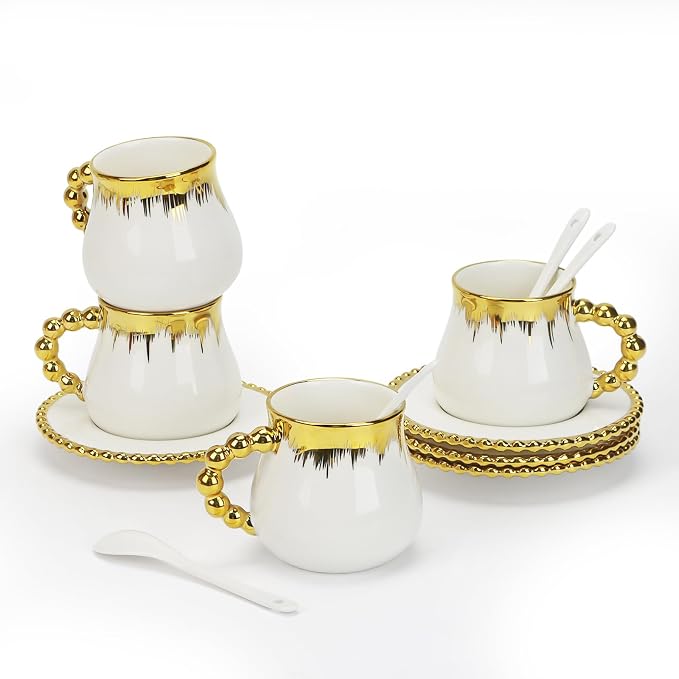 Coffee Cup Set of 4 with Saucers, 8 OZ Ceramic Espresso Cups, Turkish Coffee Cup Set for Cappuccino, Latte, Cafe Mocha and Tea, Dishwasher & Microwave Safe