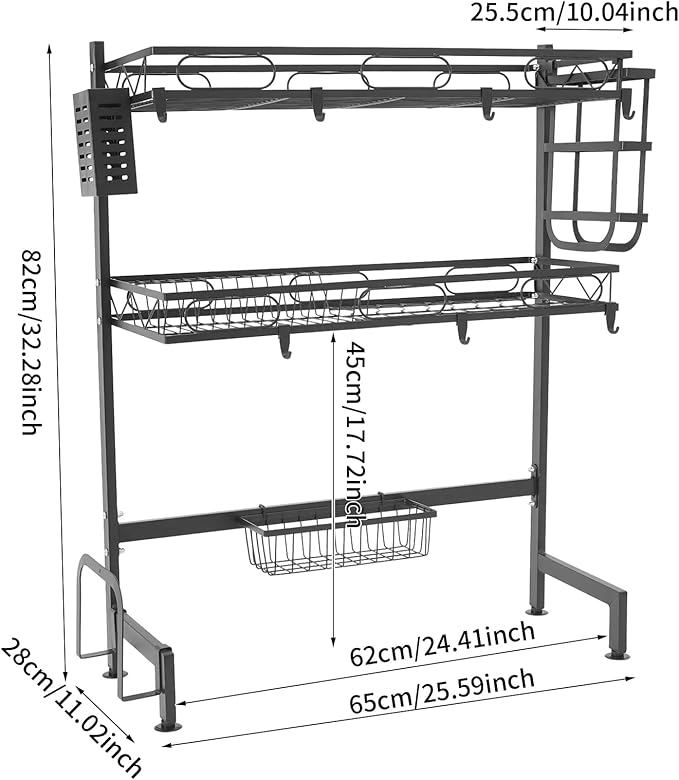 2-Tier Over Sink Dish Drying Rack, Multifunctional Kitchen Rack Extra Large Extendable Dish Rack Carbon Steel Over Sink Dish Rack with 8 Hooks for Kitchen Counter (24in)