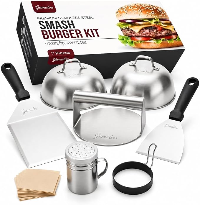 Gamalou® 7 Pcs Smash Burger Press Kit: Stainless Steel Burger Smasher, 6x5" Spatula, 4" Scraper, 2 Melting Domes, Seasoning Shaker, Egg Ring, Griddle Accessories for Blackstone, Grill, Frying Pan