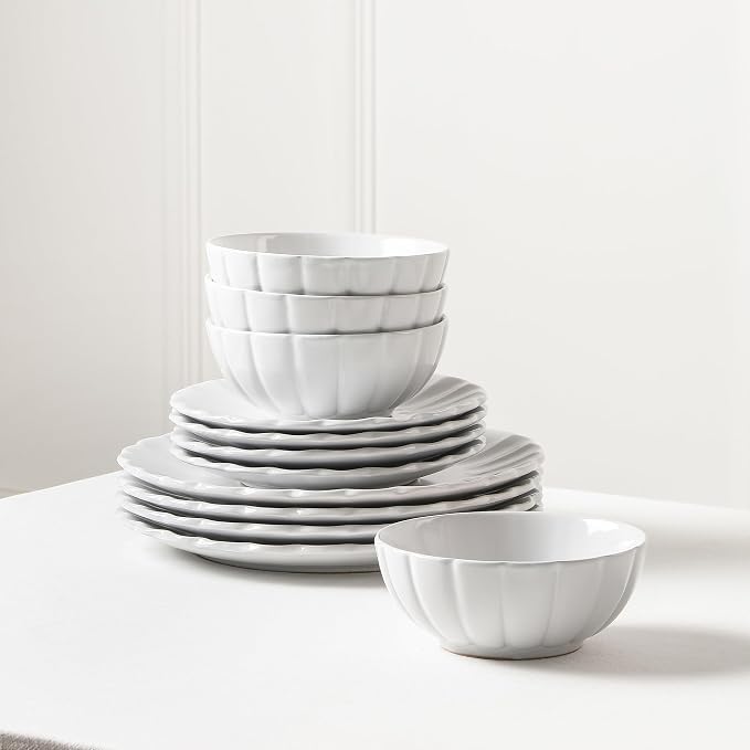 Earth & Clay Phoenix 12-Piece Stoneware Dinnerware Set, Plates and Bowls Set, Dishwasher and Microwave Safe, Dish Set for 4, White