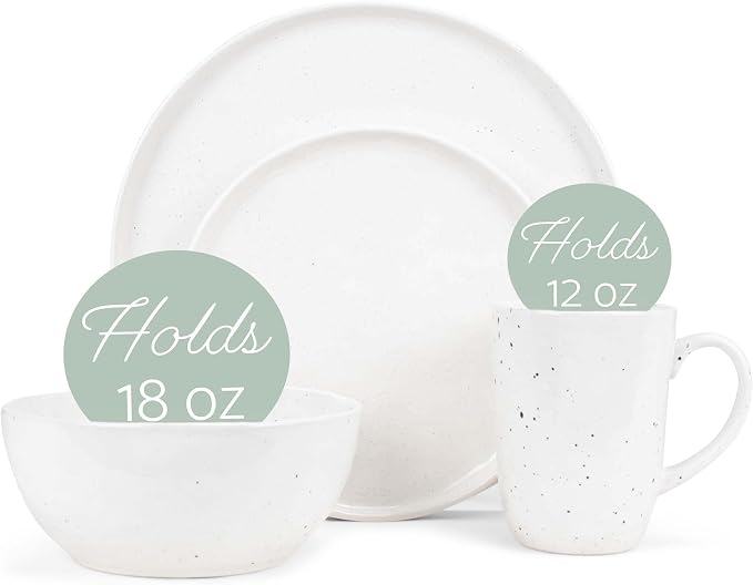 Elanze Designs Shiny Speckled Western Country Style Ceramic Plates Bowls Mugs Dinnerware 16 Piece Set - Service for 4, White