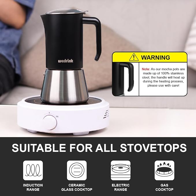 wedrink Premium 304 Stainless Steel Moka Pot, 4 Cup Stovetop Espresso Maker, Induction & All Stovetops Compatible
