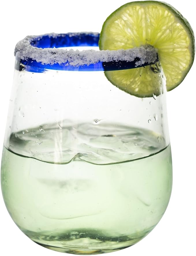 Cobalt Blue Rim Hand Blown Stemless Wine Glasses Set of 6 | 16 oz Mexican Glassware | Hand blown Mexican Drinking Glasses for Wine, Cocktails & Tequila