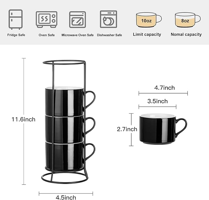 10oz Porcelain Stackable Coffee Mugs and Metal Stand Set of 4, Espresso Cups Set for Hot Drinks, Cappuccino, Tea-Black