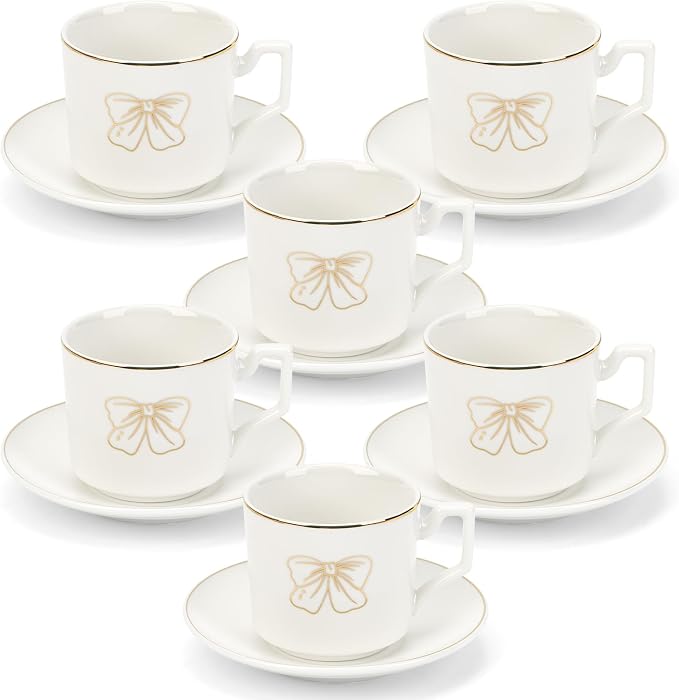 ALIMOTA 3.5oz Ceramic Coffee Espresso Cup with Saucers Set, Elegant Bow Deco Coffee Cup Gift for Cappuccino, Tea, Espresso, Latte, Coffee, Cafe Mocha, Set of 6, White