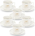 ALIMOTA 3.5oz Ceramic Coffee Espresso Cup with Saucers Set, Elegant Bow Deco Coffee Cup Gift for Cappuccino, Tea, Espresso, Latte, Coffee, Cafe Mocha, Set of 6, White