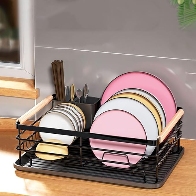 BESPORTBLE Kitchen Plate Rack Dish Drying Rack Over Sink Black Iron Dish Drainer with Cutlery Holder Compact Storage for Home Kitchen Countertop
