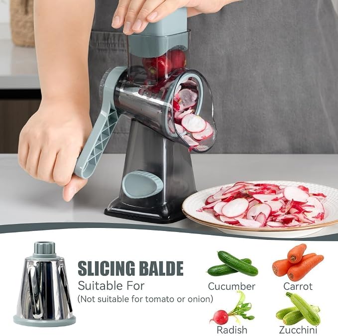 KEOUKE Rotary Cheese Grater Hand Crank Transparent - Shredder Slicer Grinder 3 Stainless Steel Blades, Stable Suction, Labor-Saving Handle, Safe Kitchen Tool for Cheese, Vegetable, Nuts, Chocolate