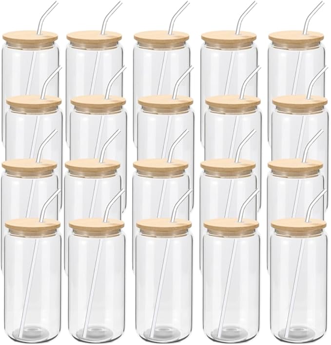 YOUKE OLA 20 Pack Glass Cups with Bamboo Lids and Glass Straw 16oz Beer Can Shaped Drinking Glasses Cups, Glass Tumbler Reusable Cute Cups for Whiskey, Iced Coffee, Tea, Soda, Cocktail, Gift, Clear