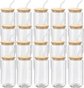 YOUKE OLA 20 Pack Glass Cups with Bamboo Lids and Glass Straw 16oz Beer Can Shaped Drinking Glasses Cups, Glass Tumbler Reusable Cute Cups for Whiskey, Iced Coffee, Tea, Soda, Cocktail, Gift, Clear