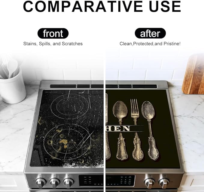 Stove Mat 28.35 x 20.47 Inch Vintage Cutlery Display with Classic Spoon Fork Knife on Dark Background Rustic Kitchen Art Style Timeless Antique Decor Look