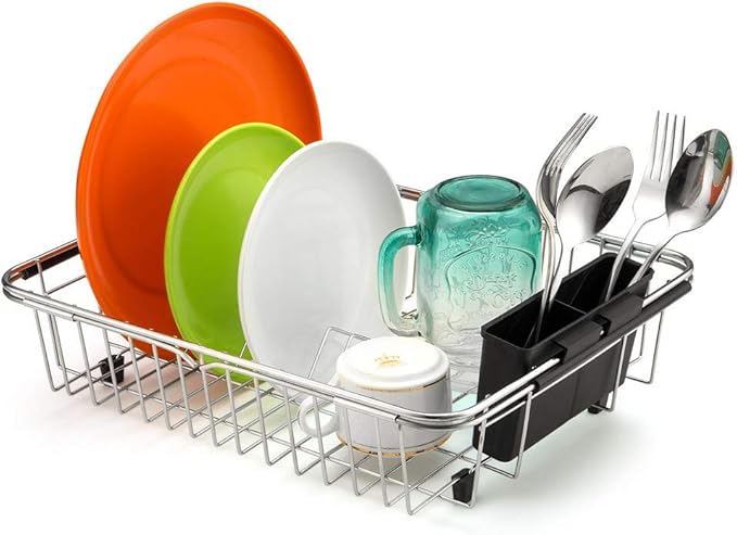 SANNO Expandable Dish Drying Rack Over The Sink Dish Drainer Kitchen Sink Grate Sink Protector for Kitchen Sink, Stainless Steel