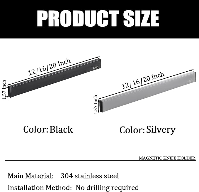 Magnetic Knife Holder for Wall, 20" Magnetic Knife Strips, Stainless Steel Magnetic Bar as a Knife Holder, Magnetic Strip for Knives for Kitchen Utensil Organizer (Silver, 20 Inch)