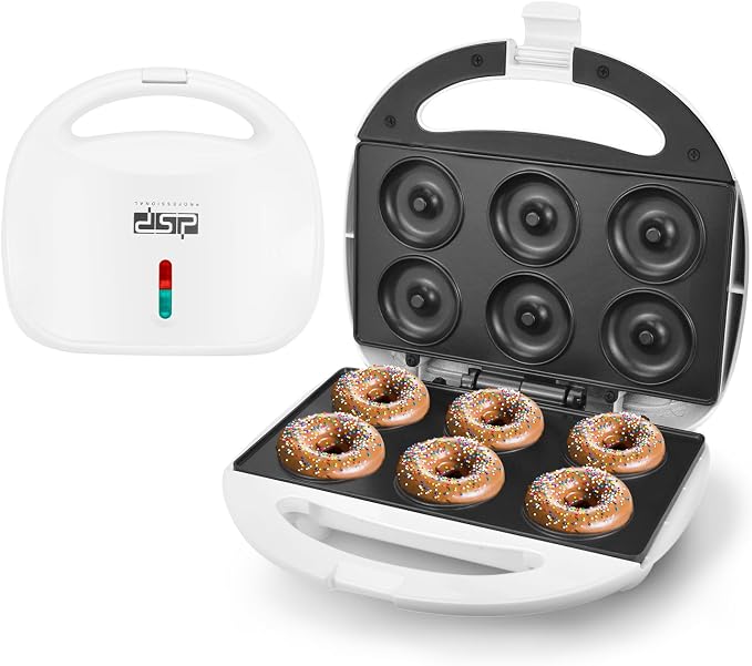 DSP Mini Donut Maker - Non-Stick, 6 Donuts, Cool-Touch | Quick 3-Min Baking, Indicator Lights, Easy Wipe-Clean, Breakfast/Snacks/Desserts, Electric Doughnut Machine, White
