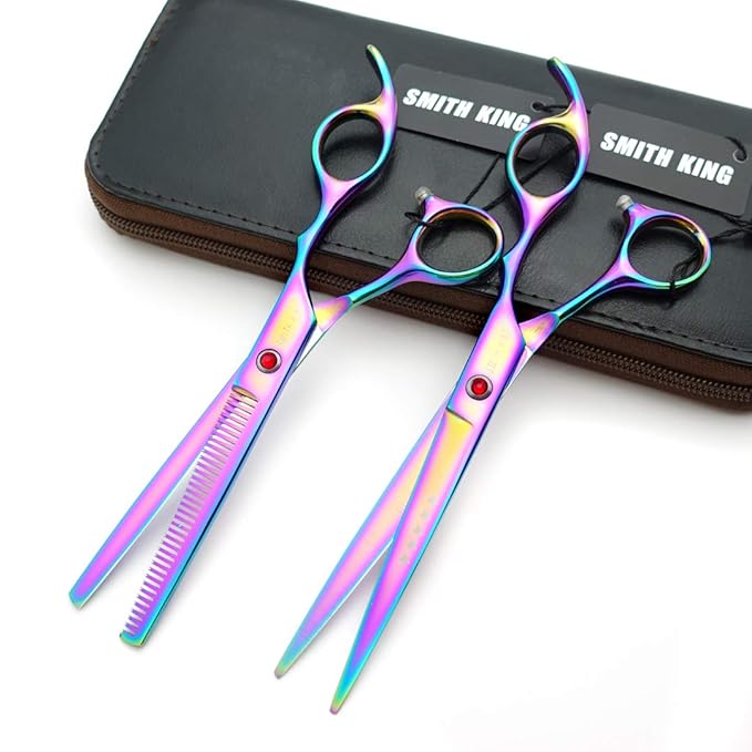 7.0 Inches Hair Cutting Scissors Set with Combs Lether Scissors Case,Hair cutting shears Hair Thinning shears For Personal and Professional (Rainbow)