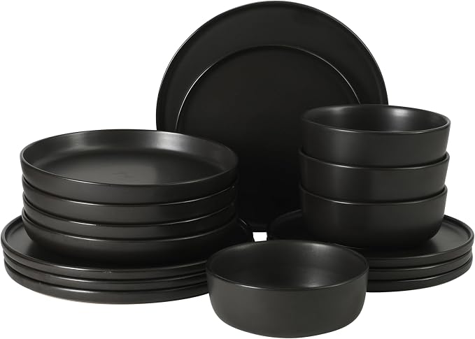 Gibson Elite Bayou Moon Plates and Bowls Sets, 16-Piece Black Matte Stoneware Dinnerware Sets, Solid Color Reactive Glaze Dish Set