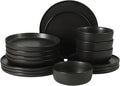 Gibson Elite Bayou Moon Plates and Bowls Sets, 16-Piece Black Matte Stoneware Dinnerware Sets, Solid Color Reactive Glaze Dish Set