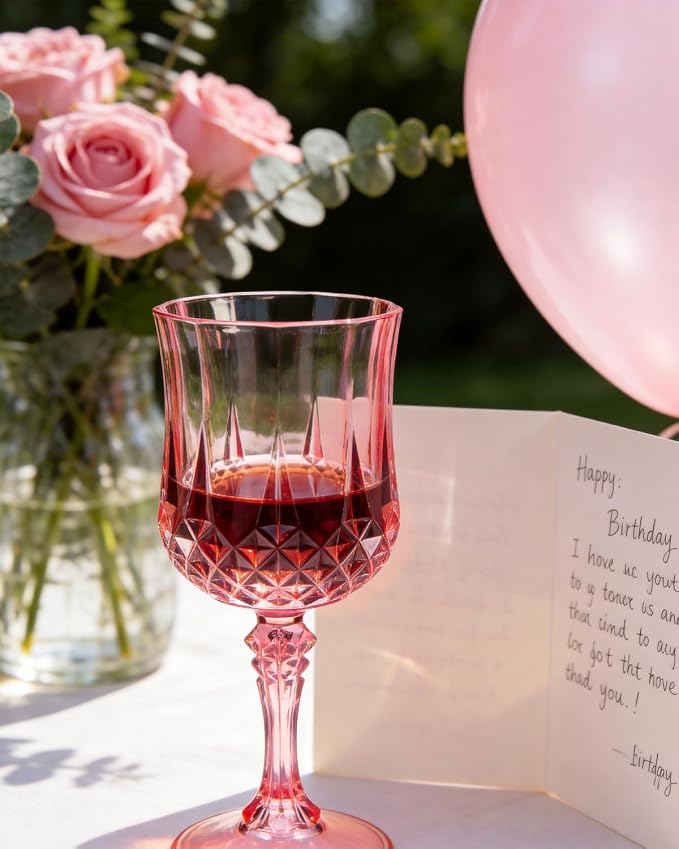 Ciaell 24PCS Pink Plastic Wine Glasses - 7 Oz Plastic Goblets for Party - Pink Vintage Drinking Glasses - Disposable Water Goblets Set for Wedding, Bar, Wine, Cocktail, Whiskey