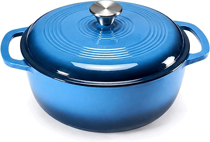 DUMOS Cast Iron Dutch Oven, 6 Quart Pot with Lid, Enameled Heavy Duty Cookware, Oven Safe to 500°F, Perfect for Bread Baking, Braising, Stews and Roasting, Moisture Sealing Lid with Dual Handles, Gradient Blue