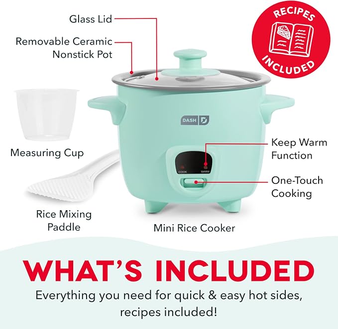 Dash Mini Rice Cooker | Small Rice Maker, 2 Cups Cooked / 1 Cup Uncooked, Ceramic Nonstick Removable Pot, Keep Warm Function, Compact and Portable for Dorm, Travel, Single Serve, Aqua