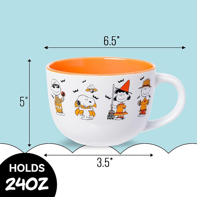 Silver Buffalo Peanuts Halloween Featuring Snoopy (Vampire), Woodstock (Vampire), Charlie Brown (Skeleton), Lucy (Witch), and Linus (Scarecrow) Ceramic Soup Mug, 24 Ounces