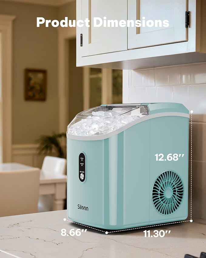 Nugget Ice Maker Countertop, Silonn Chewable Pellet Ice Machine with Self Cleaning Function, Pebble Portable Ice Maker with Ice Scoop for Home Kitchen Office, Green
