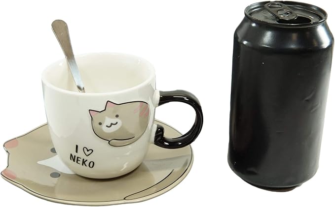 Ebros Pack Of 2 Crazy For Cats Maneki Neko Porcelain Coffee Tea Mug Cup 8oz With Saucer Tray And Notched Spoon Animal Pets Kittens Mugs Cups Kids And Adults Drinkware (Brown Pink Ears)