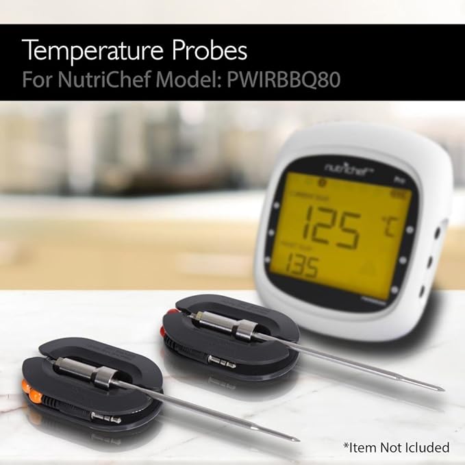 NutriChef Upgraded Barbecue Thermometer Temperature Probes - 2 Pcs Stainless Steel for NutriChef PWIRBBQ80 Bluetooth Wireless BBQ Digital Thermometer - Works w/ All Kinds of Meat - NutriChef