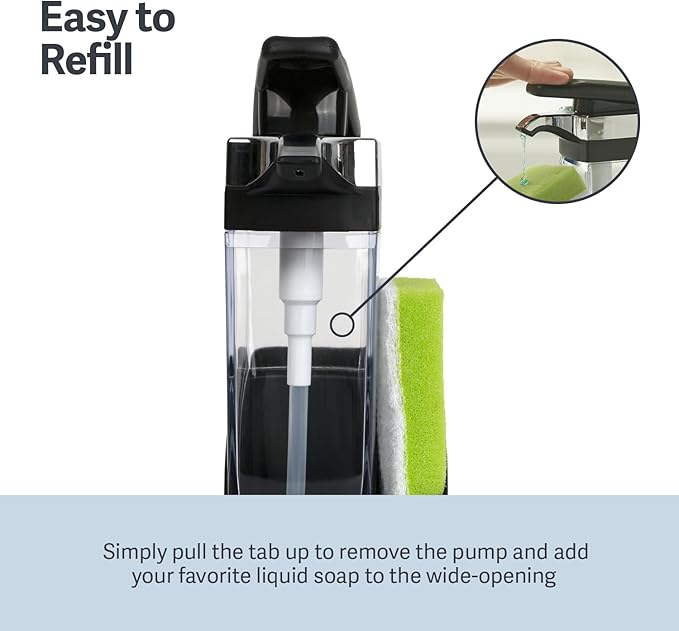Casabella Sink Sider Solo Kitchen Soap Pump and Sponge Caddy, Black/Chrome - 2-in-1 Soap and Sponge Caddy, One-Hand Soap Dispensing, Ergonomic Design, Easy to Refill and Clean, Efficient Size