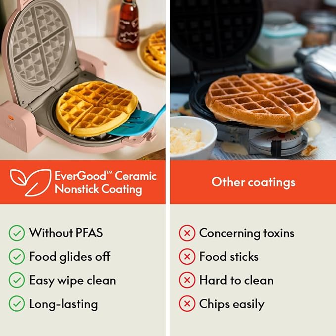 bella Flip-n-Store Waffle Maker with EverGood™ Ceramic Nonstick Coating, Fits-anywhere™ Kitchenware, Power Indicator Light, Cool Touch Handle & Cord Wrap, 7” Wide & 1" Deep Plates, 1000 Watt, Blossom