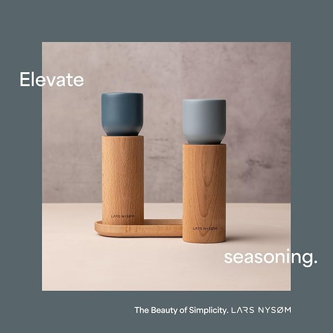 LARS NYSØM Wooden Salt and Pepper Grinder Set Manual with Tray - Salt and Pepper Mills with Adjustable Ceramic Grinder - Elegant Beechwood Pepper and Salt Mill Set for Dining Table (Ash Gray)