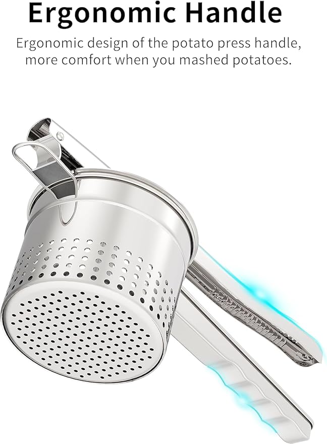 GloTika Large 15oz Potato Ricer with 3 Interchangeable Discs, Heavy Duty Stainless Steel Potato Masher with Ergonomic Handle, Masher and Ricer Kitchen Tool for Mashed Potatoes, Noodle Maker