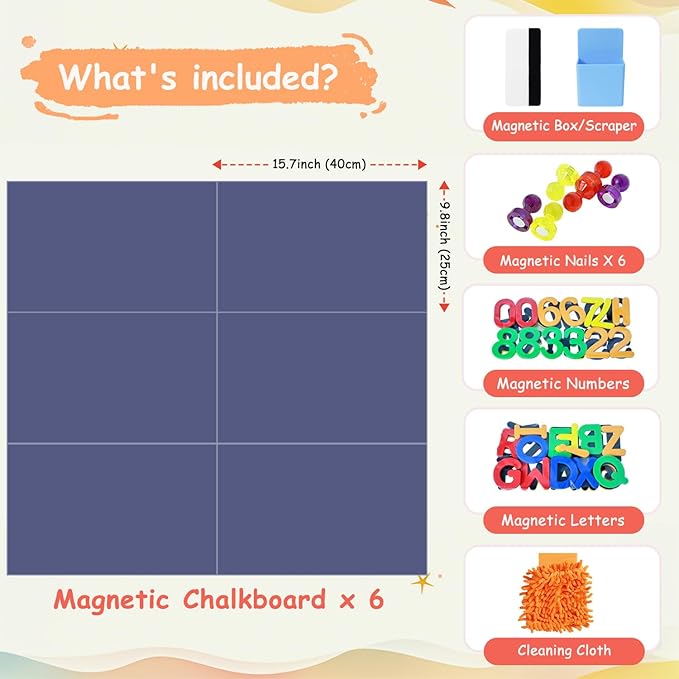 Magnetic Chalkboard Wall Decal Set of 6 Peel and Stick Magnet Sheets with Chalk Tangram Puzzle and Multiple Accessories Dusty Blue Magnetic Chalk Boardfor Home Playroom and Classroom