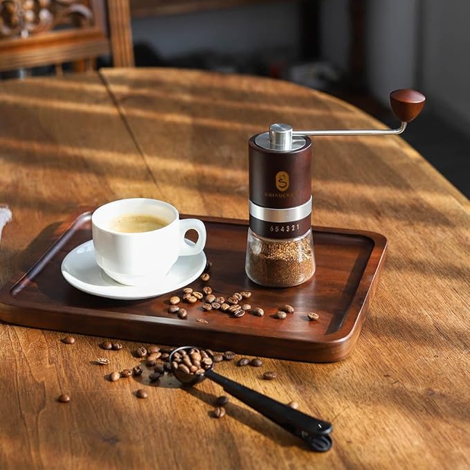 Premium Manual Burr Coffee Grinder - Made with real Beechwood; Hand Coffee Grinder with Stainless Steel Burr Mill; Extra-Fine to Coarse Coffee & Espresso Burr Grinder (Dark Brown)