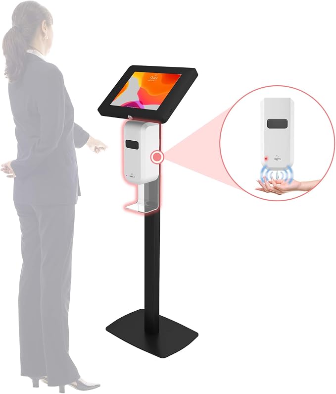 Thin Floor Stand – CTA Premium Thin Profile Automatic Soap Dispenser and Security Locking Enclosure for iPad 8th Gen 10.2”, iPad Pro 11”, Surface Go, Surface Go 3 and 7-14” Tablets (PAD-CSTTB) – Black