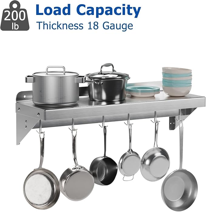 12" x 36" NSF Certified Stainless Steel Wall Mount Shelf - Multifunctional Metal Storage Rack with Backsplash and 6 Hooks