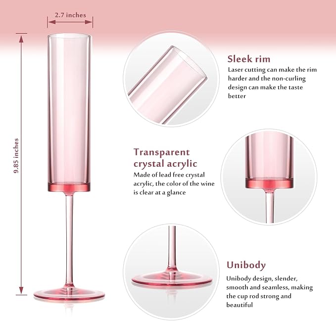6 Pieces Acrylic Pink Champagne Flutes 5.4 OZ Square Champagne Glasses Stemmed Coupes Reusable Wedding Toasting Glasses Rose Bride Wine Glasses For Birthday Party Wedding Anniversary Christmas