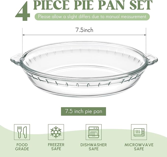 Uiifan 4 Pack 7.5 Inches Mini Glass Pie Pan for Baking Clear Pie Plate with Handles Round Glass Dish for Baking and Serving, Snacks, Salads, Desserts